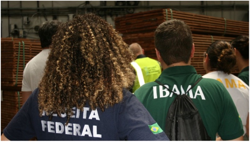 Representantes da Receita Federal e Ibama observam instrutor durante treinamento de identificação de madeira em porto