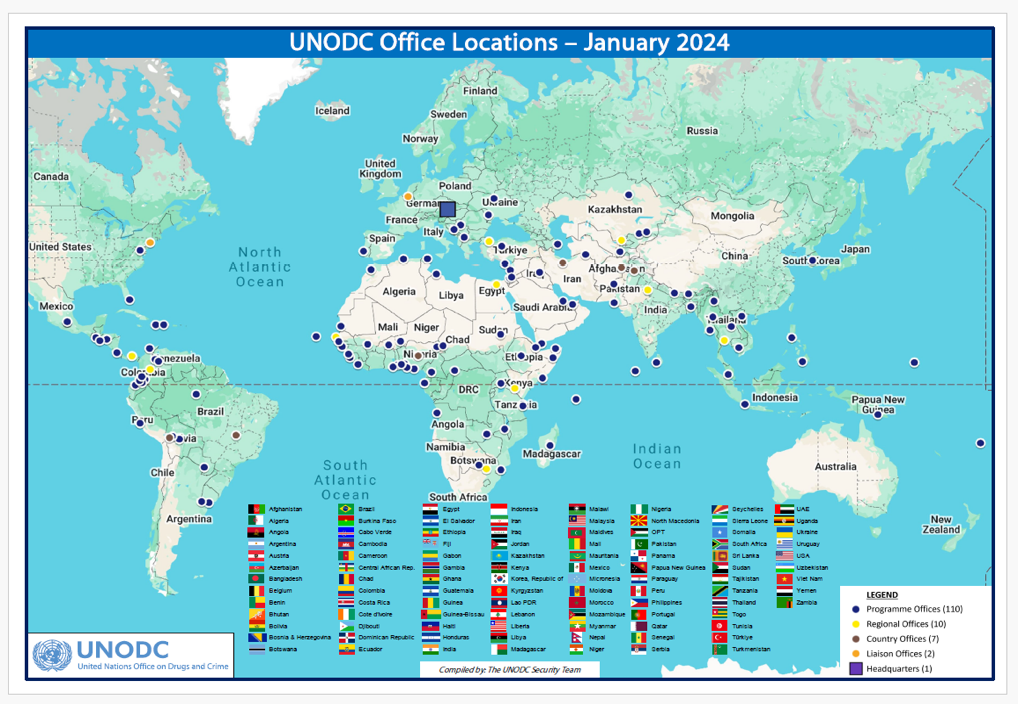 Global map with UNODC office locations