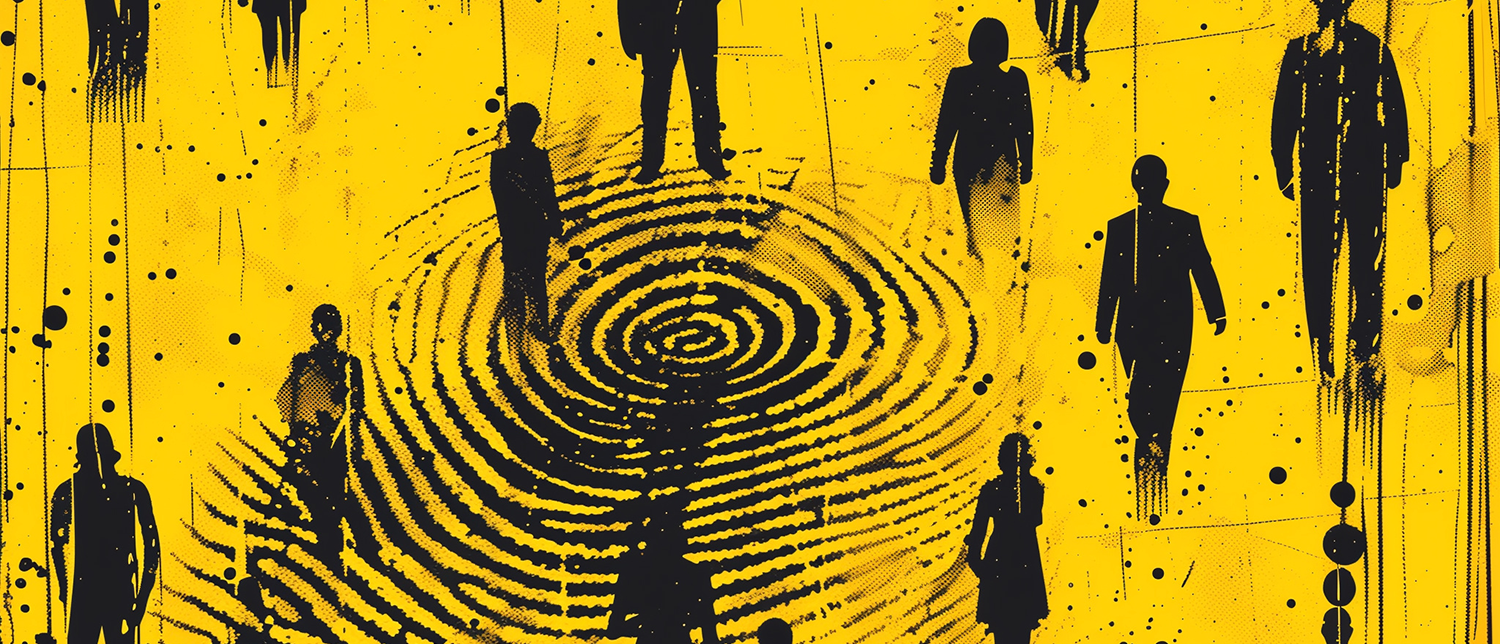 Illustration: small silhouettes of people, large fingerprint as background